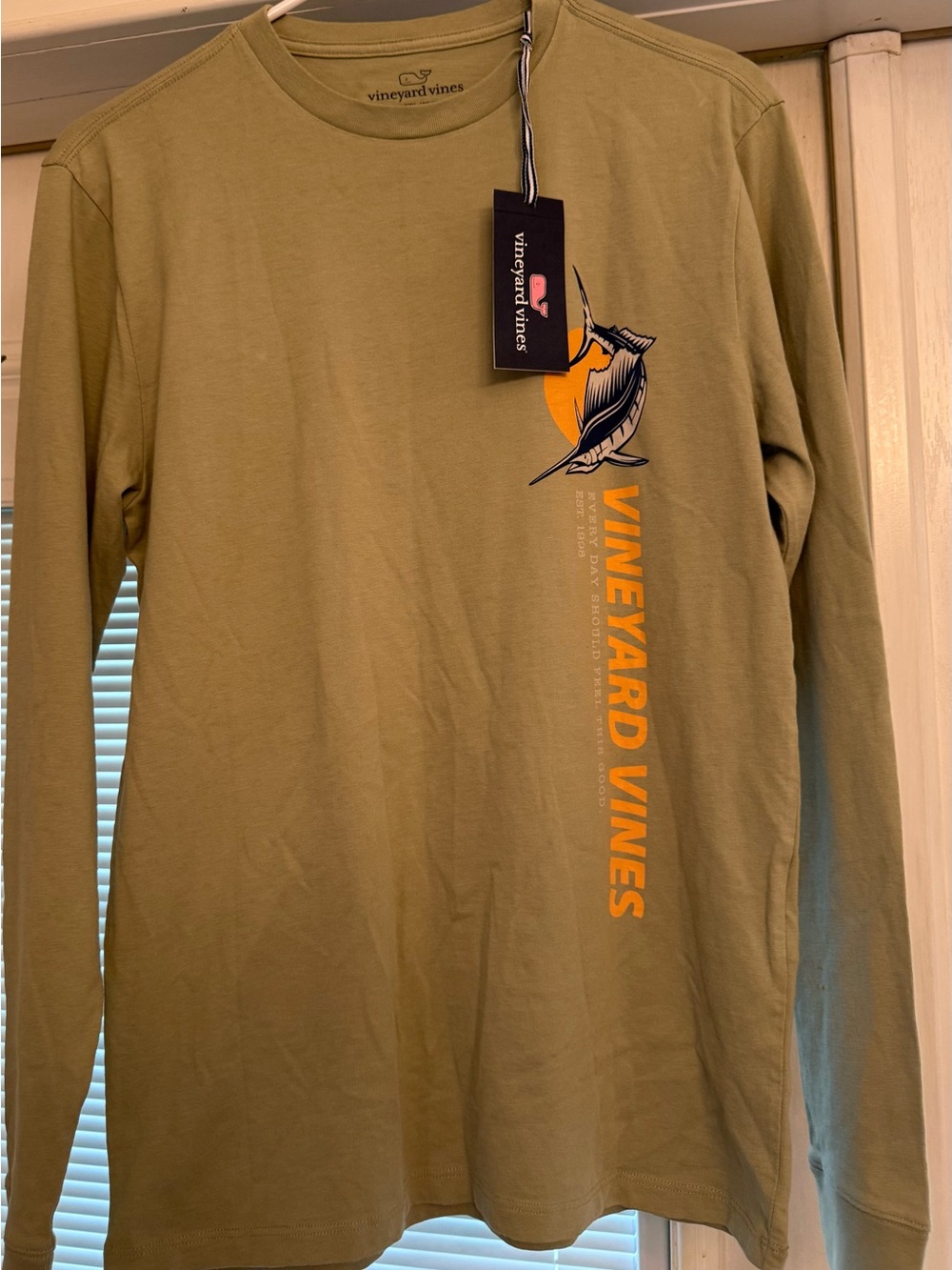 Vineyard Vines Olive Long-Sleeve Tee with Orange Marlin Accent